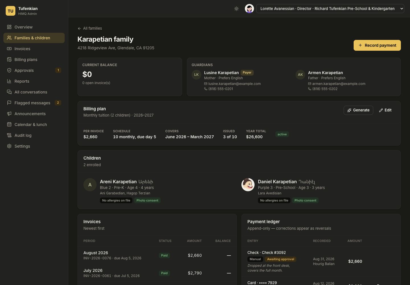 HIMQ family record showing guardians, children, billing plan, invoices, and payment ledger using sample data