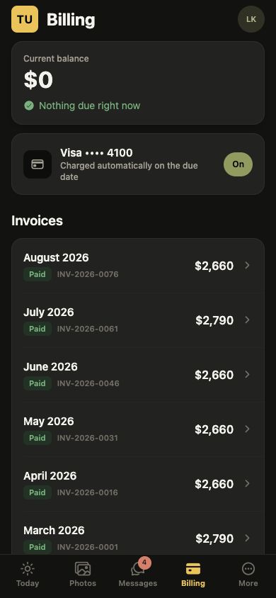 HIMQ parent billing screen showing a paid-up balance, payment method, and invoice history using sample data