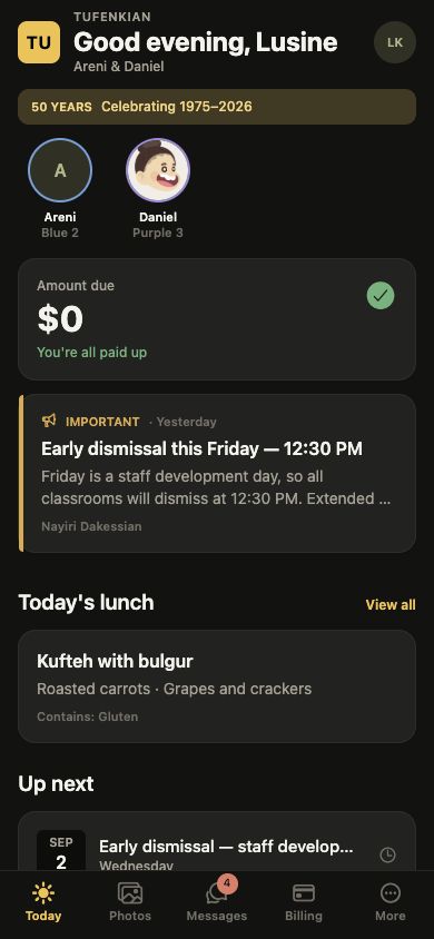 HIMQ parent Today screen showing a family balance, school announcement, lunch, and upcoming events using sample data