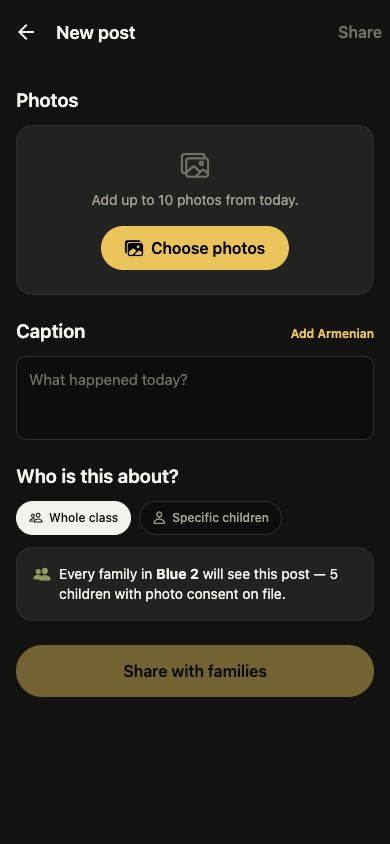 HIMQ teacher workflow for adding photos, bilingual captions, and choosing a whole class or specific children