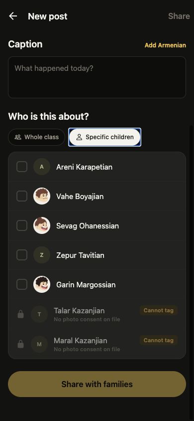 HIMQ teacher posting screen showing children who cannot be tagged because photo consent is not on file